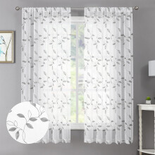 White Leaf Sheer Curtain Leaves Embroidered Bedroom Curtains Rod Pocket Voile Window Treatments for Living Room, 38 x 63 inches Long, Set of 2 Panels
