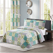 Set copriletto geometrico All American a 3 pezzi con tende abbinate (King/California King, blu/verde/giallo)