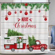 Kerstdouchegordijn: retro rode kersttruck met kleurrijke kerstballen, dennenboom en sneeuwvlokken, 72x72 inch.
