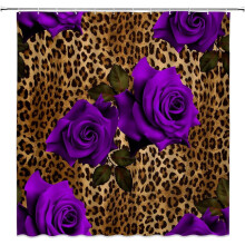 Cortina de ducha con estampado de leopardo, rosas y animales salvajes, juego de decoración de baño para el Día de San Valentín con ganchos (91 cm