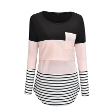Womens Maternity Shirts Spring Crew Neck Long Sleeve Pregnancy Tops Stripe Blouse for Breastfeeding with Pocket Pink XL
