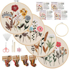4-Pc Embroidery Kit for Beginners w/ Stamped Flower Patterns, Hoop, Threads & Instructions – Compatible with Cross Stitch