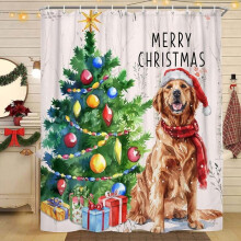 Cortina de ducha navideña de invierno con diseño de árbol y perro, temática rústica de bosque, 70x70 pulgadas, incluye ganchos, compatible con