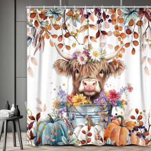 Douchegordijn met herfstthema, Schotse hooglandkoe en pompoen, esdoornbladeren en grappige dieren, 60x70 inch, inclusief haken.