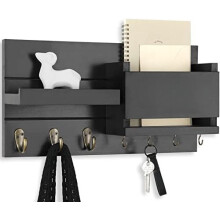 Wandmontierter Briefablage-Organizer mit Schlüsselhalter, Ablage und Briefhalter – Rustikales Holz im Landhausstil (42 x 23 x 8,6 cm, Schwarz)