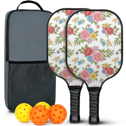Σετ κουπιών Pickleball από fiberglass με λουλούδια, 2 μπάλες και τσάντα – Συμβατό με