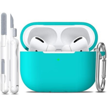 Kompatibelt med AirPods Pro-etui med nøglering, fuldt beskyttende silikoneskind, synlig LED-belysning foran – blågrøn