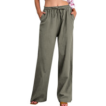 Pantaloni casual da donna a gamba larga con coulisse - 60% cotone 40% lino Traspiranti Vita elasticizzata Design multi-tasche Vestibilità comoda
