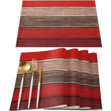Christmas Red/Brown Placemats Set of 6, Rustic Barn Wood Texture, Stain-Resistant & Washable Polyester, Ombre Design – Compatible with Standard
