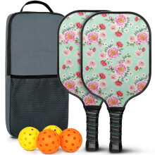 Set met bloemmotief pickleball rackets van glasvezel, inclusief 2 ballen en tas, geschikt voor binnen- en buitenspelen.