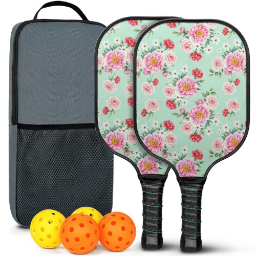 Σετ κουπιών Pickleball από fiberglass με λουλούδια, 2 μπάλες και τσάντα, συμβατό με παιχνίδι
