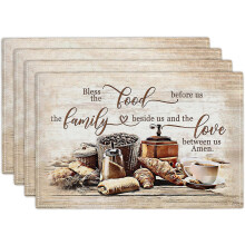 Juego de 4 manteles individuales cristianos para café, "Bendice los alimentos que tenemos delante", manteles individuales religiosos para mesa de