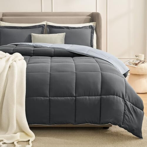 Grijze gewatteerde dekbedset (queensize, 3-delig)