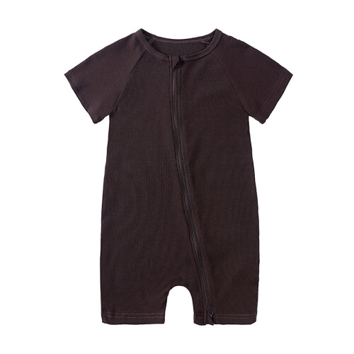 Children's solid color short sleeve zip romper brown 80
