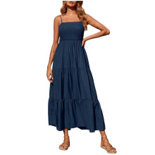 Vestido longo boho azul escuro feminino, com alças finas, sem mangas, franzido e em camadas, ideal para o verão na praia – Compatível com 2024