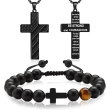 2PCS Cross Necklace Bracelet Set 26 Inch Stainless Steel Necklace Adjustable Natural Stone Bracelet Men'S Holiday Jewelry Gift