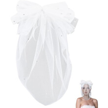 White Bridal Veils Glitter Rhinestones Bowknot Face Covering Sheer Tulle Fabric with Metal Clips Vintage Polyester Shiny Bows Veil