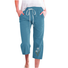 Damen-Wander-Caprihose, locker geschnitten, einfarbig, ideal für Reisen, Wanderungen und den Sommer, mit Taschen