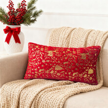 Fodera per cuscino natalizia rossa 30x50 cm con stampa dorata