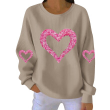 Damen-Sweatshirt mit Herzmotiv zum Valentinstag, gerippt, Rundhalsausschnitt, lang