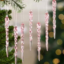Christmas Ornaments, 12-Pack Christmas Tree Pendants, Clear Thread Hanging Decor, Shiny Ice Crystal Christmas Decorations for Holiday Tree, Pink