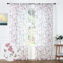 Sheer Floral Curtains Pink Butterfly Print, Rod Pocket Voile Faux Linen, 54x63", Set of 2 Panels