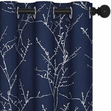 Navy Blackout Curtains, Thermal & Soundproof, Branch Silver Print, 42x72", Grommet Panels, Machine Washable, Set of 2