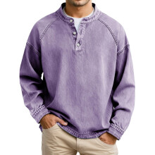 Mens T-Shirts Long Sleeve Solid Denim Pintuck Washed Crewneck Top Pullover Jeans Tees for Men