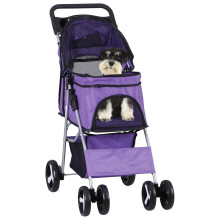 4 Wheels Small Pet Dog Stroller Foldable Strolling Cart Max. 33lbs W/Storage Basket & Cup Holder, Purple