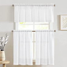 Ensemble rideaux et cantonnière de cuisine en lin – Rideaux courts de 61 cm (24 po), 3 pièces à œillets, blanc, style rustique champêtre