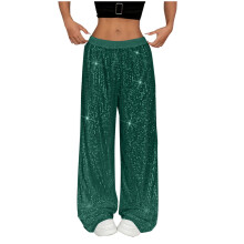 Pantaloni da donna con paillettes, gamba larga, scintillanti, vita alta, larghi, per feste, club, ballo, pantaloni glitterati da donna, verde
