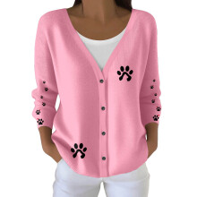 Cardigã feminino casual com estampa de gato e decote em V, tamanho P.