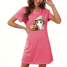 Dames Halloween pyjamajurk met ronde hals en korte mouwen – Plus size zachte polyester-spandex nachtjapon met cartoonprint, S-2XL