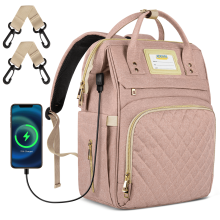 Pink Diaper Bag Backpack with Insulated Bottle Pocket, Stroller Strap, USB Port & Large Capacity – Compatible with All Strollers