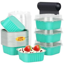 120pcs 5oz Mini Cake Pans with Lids, Aluminum Foil Cupcake/Muffin Cups, Disposable Ramekins for Brownies, Cheesecake – Cyan Blue