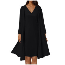Damen-Midikleid aus geblümtem Chiffon mit V-Ausschnitt und passendem Langarm-Cardigan – Weich, leicht und bequem (Z01#Schwarz, 2XL)