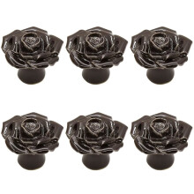 Boutons de meuble en forme de rose antique, lot de 6 poignées décoratives vintage en céramique pour commode ou meuble, avec vis de fixation (noir)