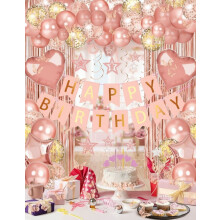 Decoración de cumpleaños en oro rosa: pancarta, confeti de corazones/estrellas metalizadas, globos, telón de fondo, espirales – Compatible con