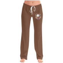 Calça feminina com estampa de Páscoa, bolso duplo e cordão.