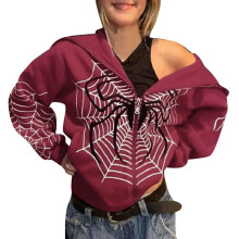 Moletom feminino com capuz e estampa de teia de aranha Y2K, zíper, leve, tamanho grande, estilo streetwear, manga longa, modelo e-girl, Z3-Vinho,
