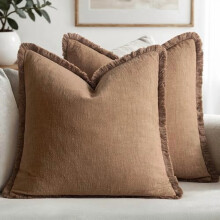 Fețe de pernă decorative din in neutru cu franjuri, set de 2 fețe de pernă Euro, 66x66 cm, decor Boho Farmhouse pentru canapea/canapea –