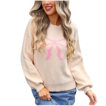 Pulover tricotat cu fundă pentru femei, guler rotund, mânecă lungă, tricotat, pulover supradimensionat, tricou cu bordură contrastantă