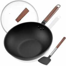 Carbon Steel Wok with Glass Lid and Silicone Spatula 13 Inch
