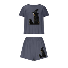 Damen-Pyjama-Set mit Halloween-Hexenmuster – Weicher, dehnbarer Bund, Kurzarm, Übergrößen S-XL