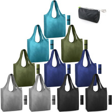 10-Pack Foldable Reusable Grocery Bags, 50LBS, 50L, Zipper Pouch, Machine Washable, Lightweight Polyester – Compatible with Standard Shopping