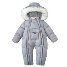 Winterwarmer, wattierter Daunen-Einteiler mit Kapuze und Reißverschluss für Mädchen, mit Tasche, Hellgrau, 18–24 Monate