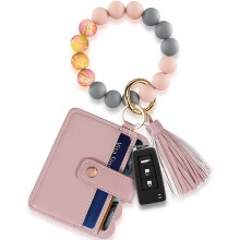 Women Keychain Bracelet Wristlet with Card Wallet Silicone Beaded Key Ring Bracelet Elastic Keyring Bangle Pink-2Pc