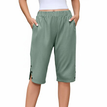 Løse damebermudashorts i bomuldshør, knælange capris med høj talje og lommer, S–5X