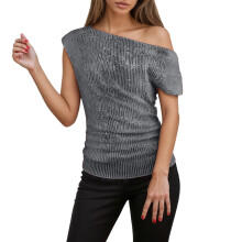Haut à sequins asymétrique à une épaule pour femme, manches courtes, blouse de fête tendance, col rond ample, haut élégant et scintillant pour