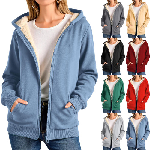 Γυναικείο παλτό fleece χειμώνα ζεστό casual μακρυμάνικο μπλουζάκι με κουκούλα και